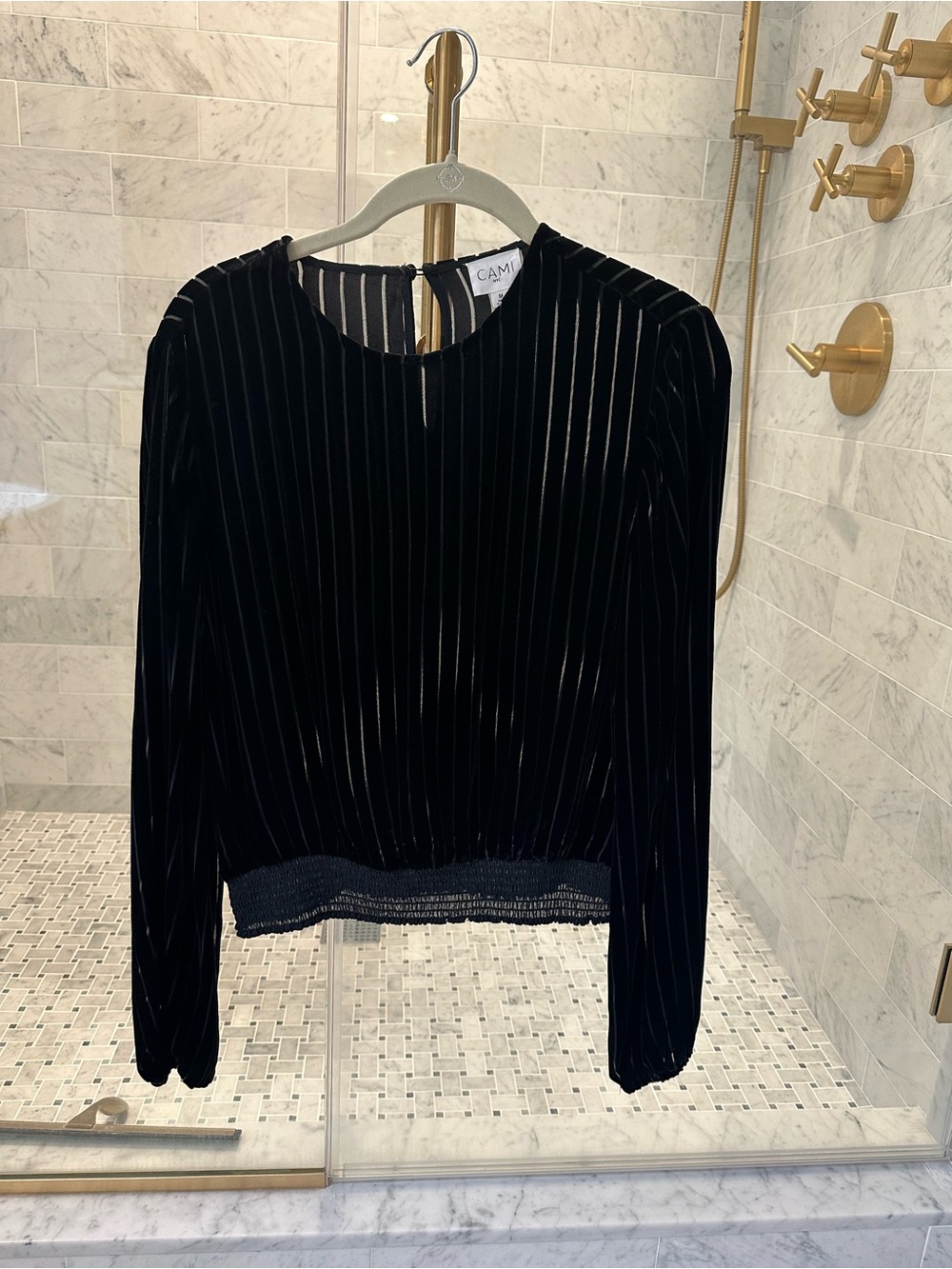 Cami NYC Black Velvet Vertical-Stripe Long Sleeve Top